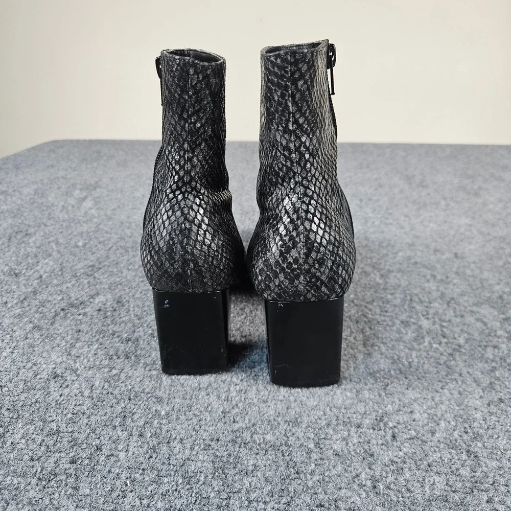 Genuine Leather Snake Embossed Square Toe Block Heel Ankle Boots SilverBlack6.5M